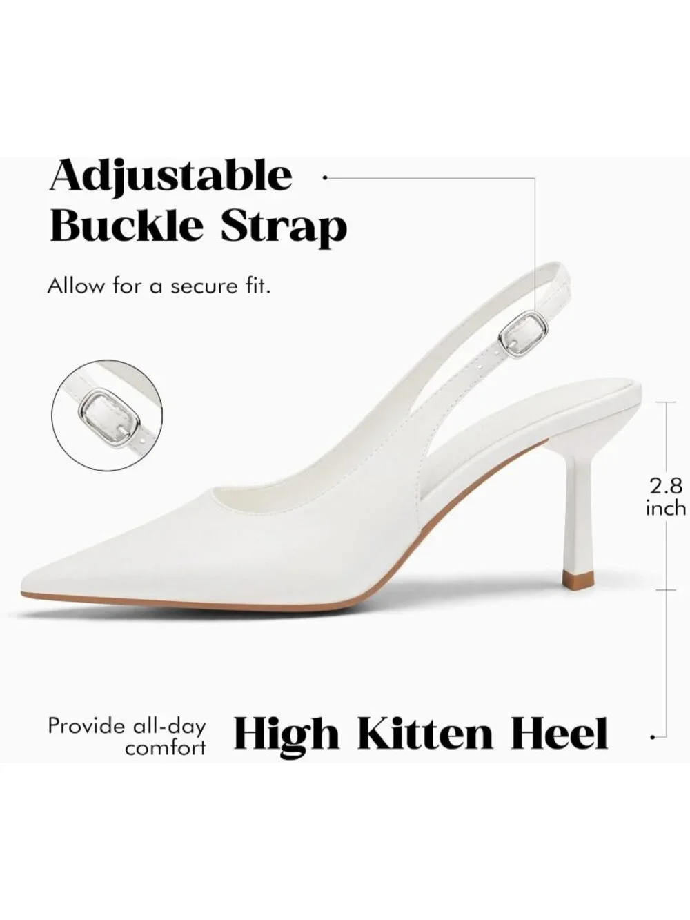 Women's White PU Rubber Slingback Kitten Heels Closed Pointed Toe Buckle Pumps